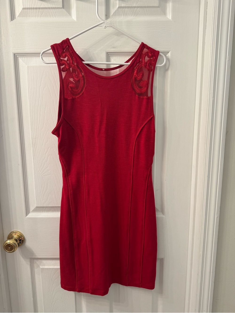 Red Sleeveless Sheath Dress with Embroidered Shoulder Detail
